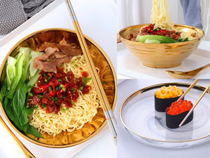 GOLD RAMEN bowl, chopsticks & spoon